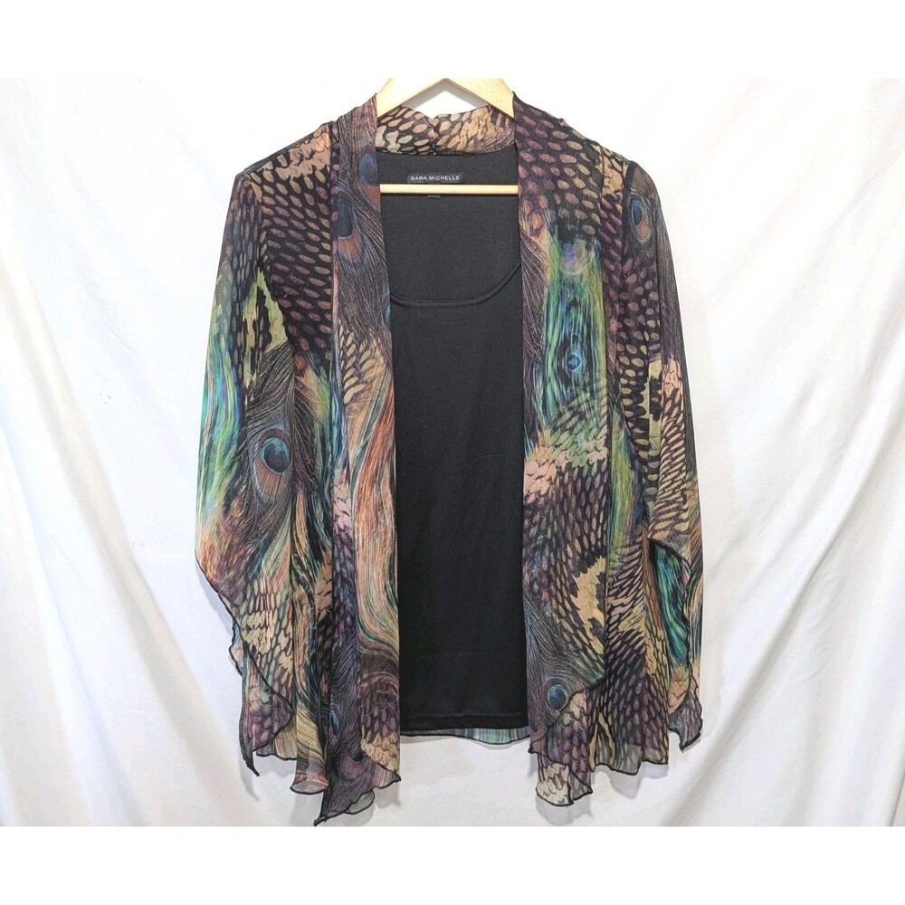 Sarah Michelle Sheer 1x Peacock Feather Layered Top Evening Office Wear Artsy